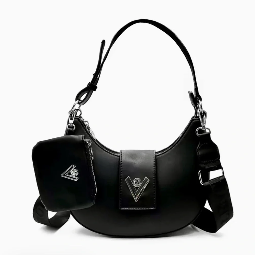 VALENTINO ORLANDI Crescent Black Shoulder Bag W/Pouch Vegan Leather